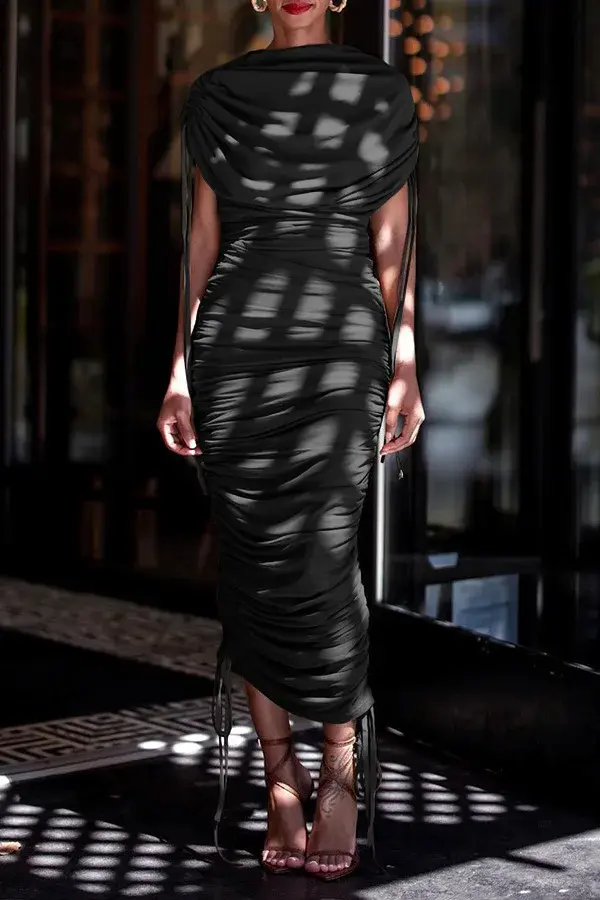 Women Elegant Ruched Bodycon Dress Drawstring Sleeveless High Strecth Slim American Retro Casual Vintage Evening Maxi Dresses