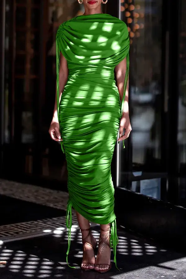 Women Elegant Ruched Bodycon Dress Drawstring Sleeveless High Strecth Slim American Retro Casual Vintage Evening Maxi Dresses