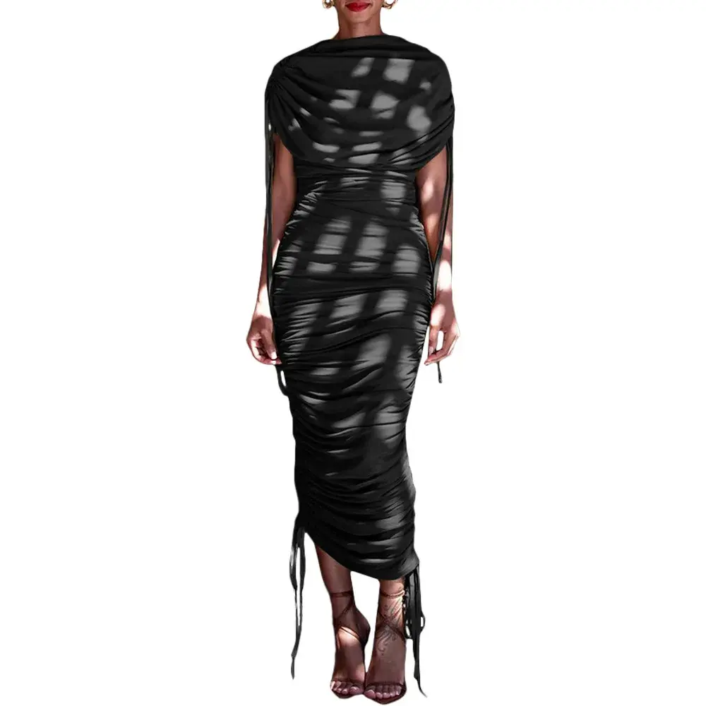 Women Elegant Ruched Bodycon Dress Drawstring Sleeveless High Strecth Slim American Retro Casual Vintage Evening Maxi Dresses