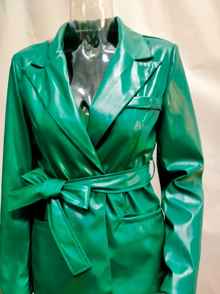 Business Casual Two Piece Set Turndown Collar Long Sleeve Pocket PU Leather 2 Piece Outfits Faux Leather Matching Set with Belt