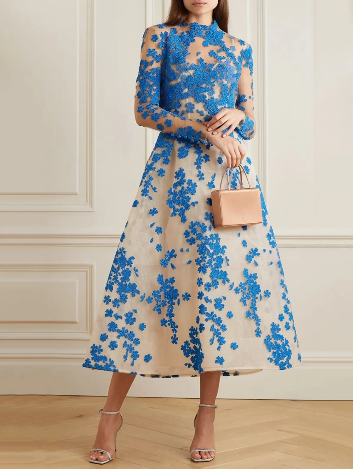 Women Floral Printed Dress Long Sleeve Cinch Waist Floral A-Line Retro Casual Party Wedding Guest Evening Midi Dress