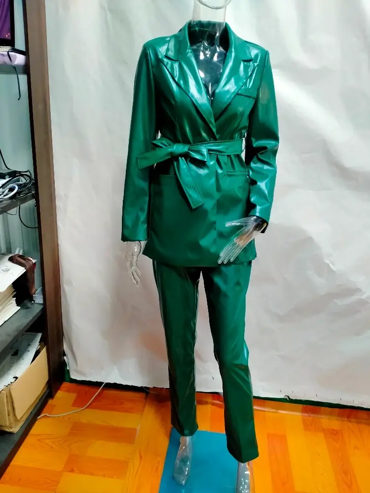 Business Casual Two Piece Set Turndown Collar Long Sleeve Pocket PU Leather 2 Piece Outfits Faux Leather Matching Set with Belt