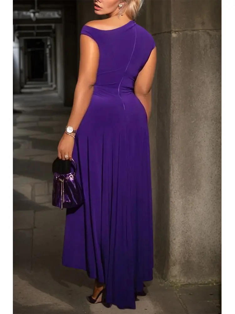 Elegant Women Party Club Evening Dress Skew Neck Purple Knot Slit Hem Sleeveless High Waist Wedding Guest Cocktail Long Dresses