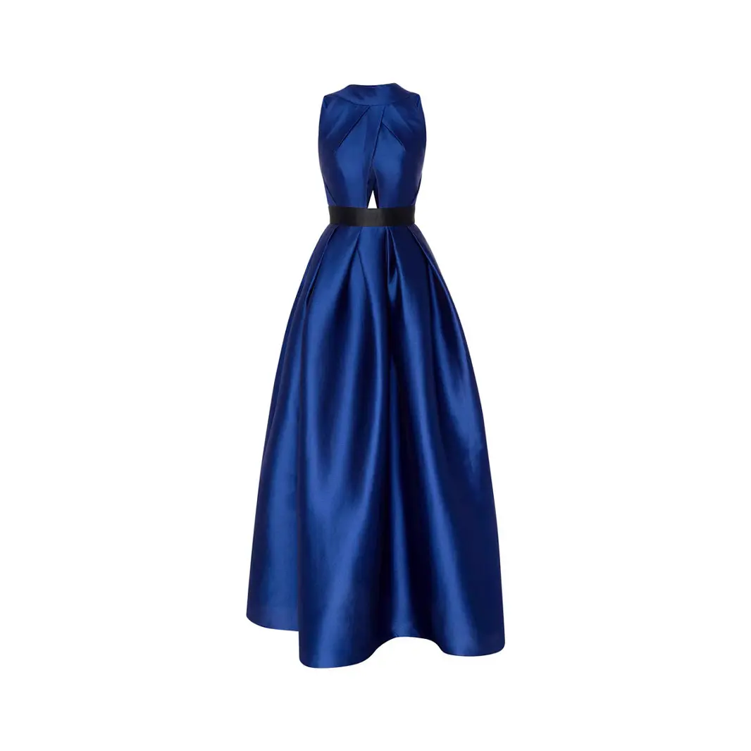 Women Elegant Evening Dress Satin Sleeveless Hollow Out Pleated A-Line High Quality Wedding Guest Party Cocktail Maxi Dresses
