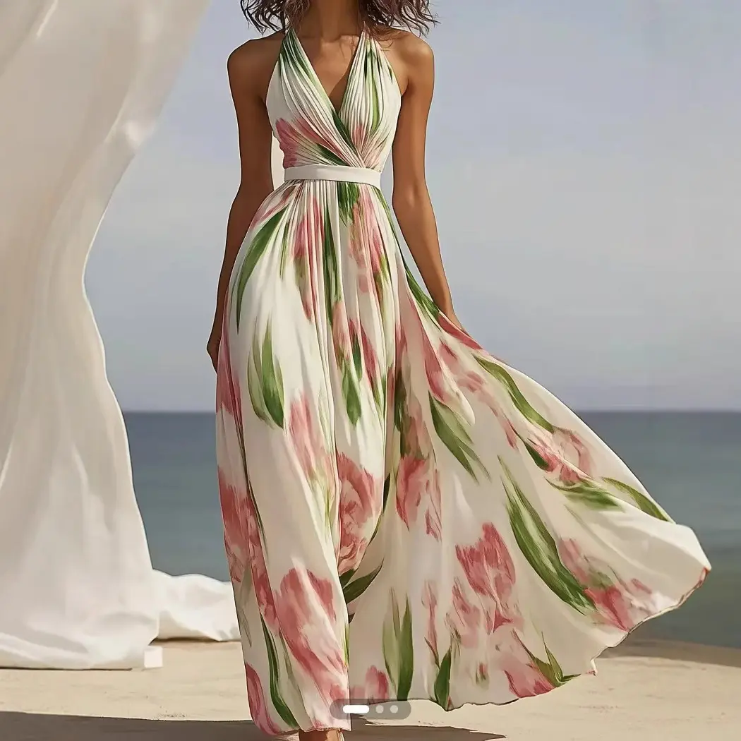 Elegant Bohamia Halter Dress Ruched Pleated V-Neck Beach Style Floral Printed Sleeveless Fairy Casual Summer Long Dress Sundress