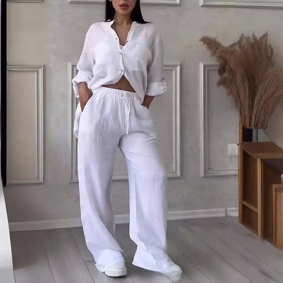 Women Plus Size Two Pieces Set Drawstring Straight Elastic Waist and Long Sleeve Button Shirt Top Matching Set Linen Cotton Set