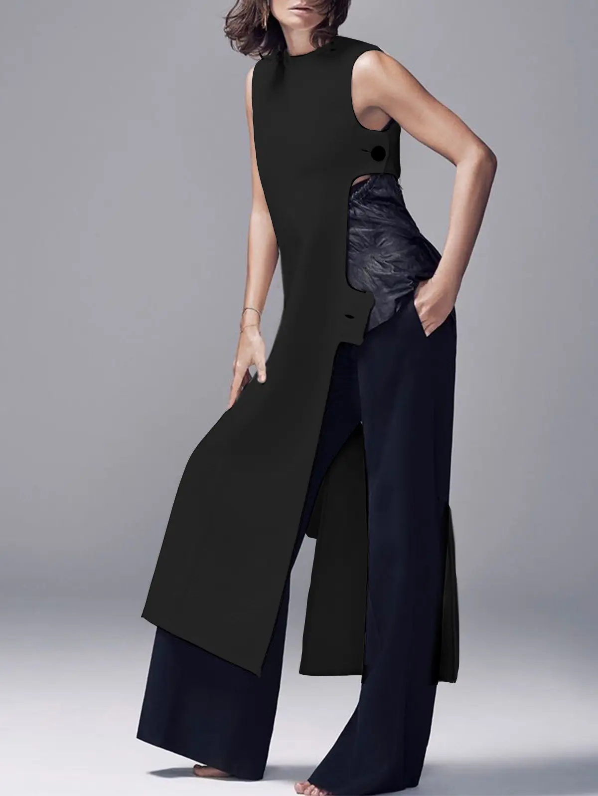 Fashion Plain Crew Neck Sleeveless Button Slit Dress Sexy Vintage Casual Chic Summer Slim Single Button High Street Long Dress