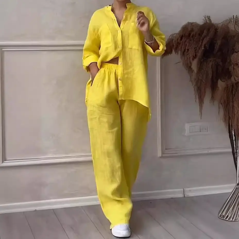 Women Plus Size Two Pieces Set Drawstring Straight Elastic Waist and Long Sleeve Button Shirt Top Matching Set Linen Cotton Set