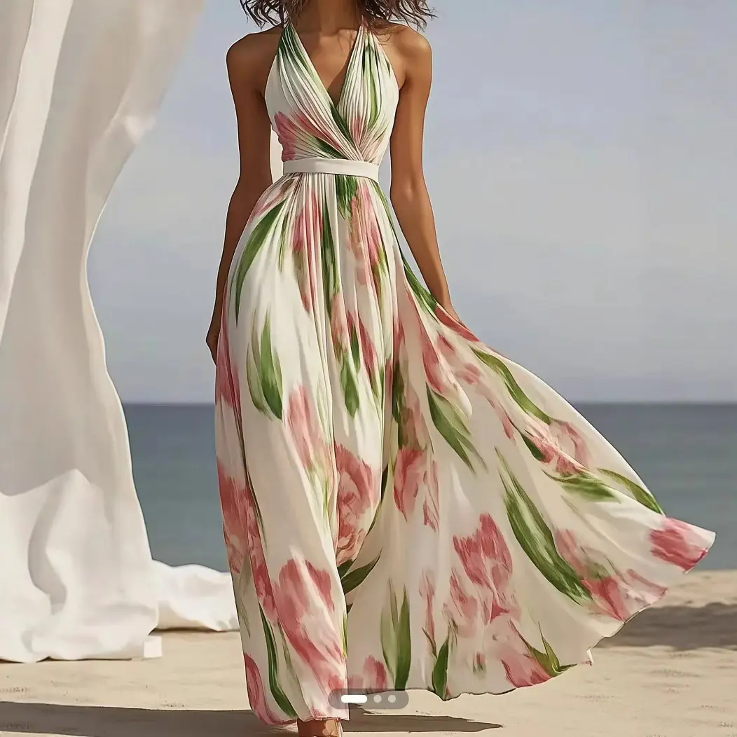 Elegant Bohamia Halter Dress Ruched Pleated V-Neck Beach Style Floral Printed Sleeveless Fairy Casual Summer Long Dress Sundress