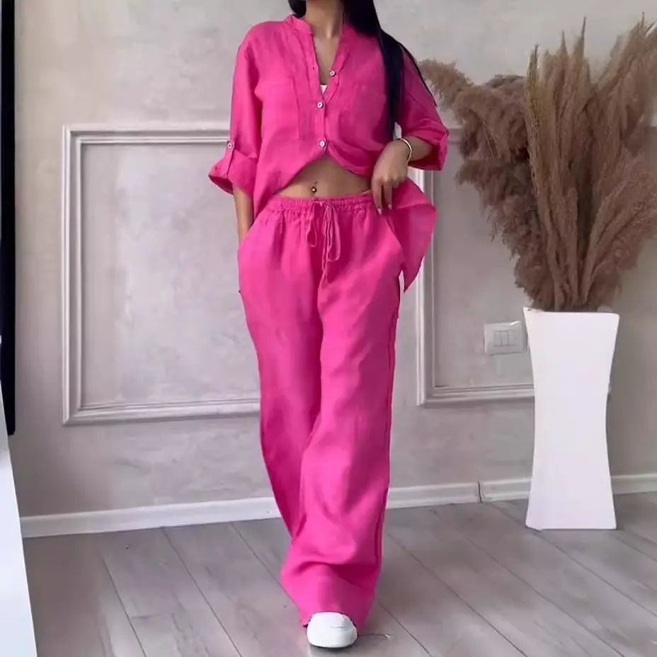 Women Plus Size Two Pieces Set Drawstring Straight Elastic Waist and Long Sleeve Button Shirt Top Matching Set Linen Cotton Set