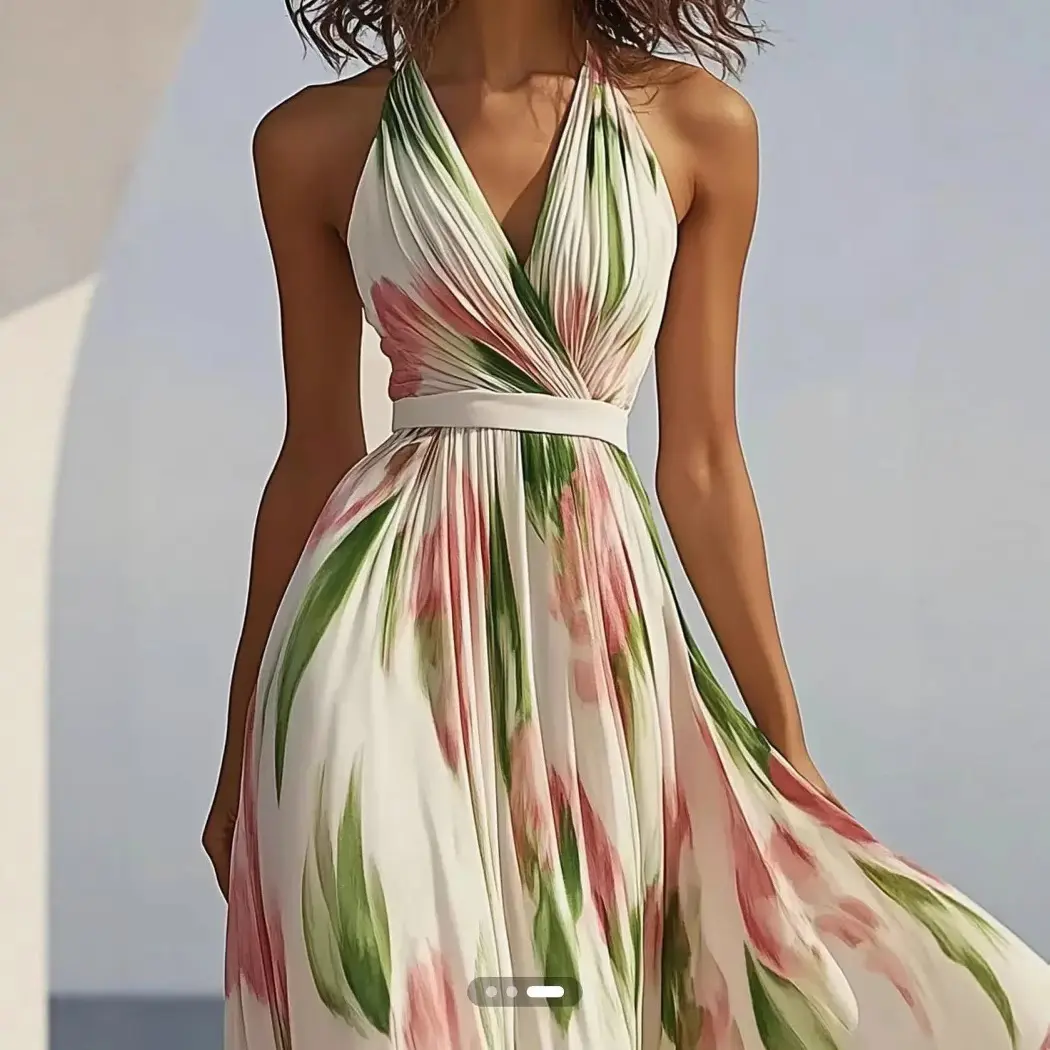 Elegant Bohamia Halter Dress Ruched Pleated V-Neck Beach Style Floral Printed Sleeveless Fairy Casual Summer Long Dress Sundress