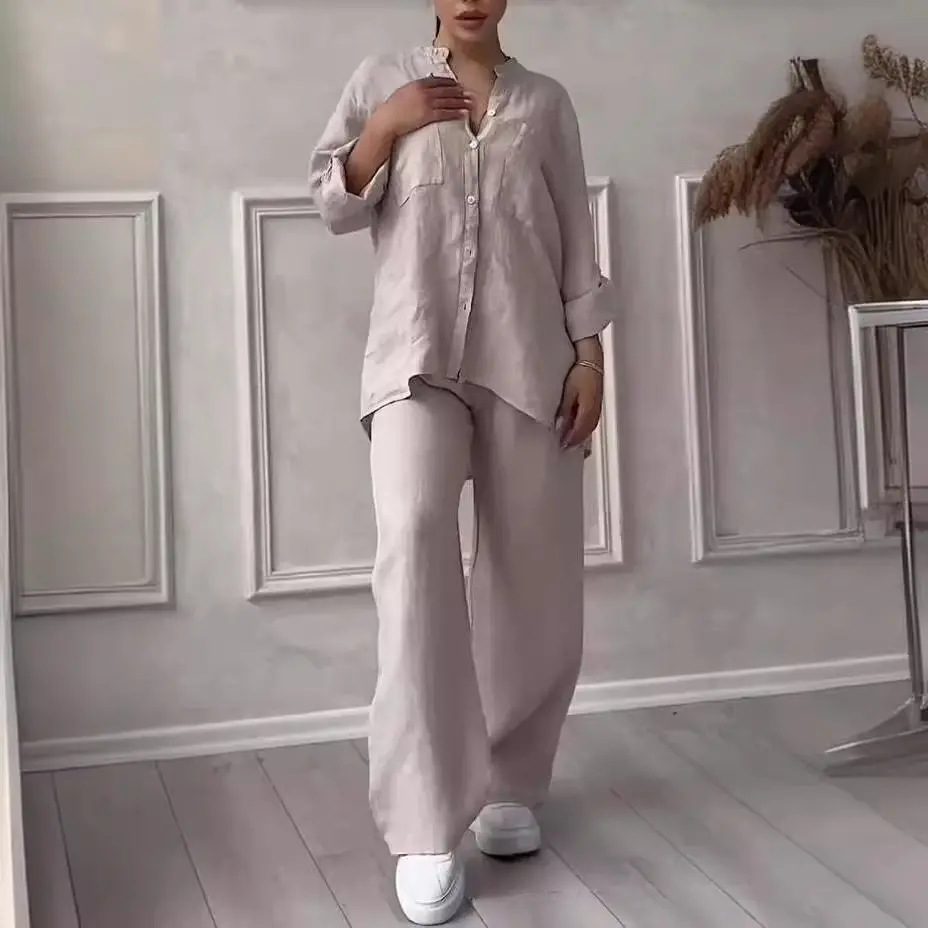 Women Plus Size Two Pieces Set Drawstring Straight Elastic Waist and Long Sleeve Button Shirt Top Matching Set Linen Cotton Set
