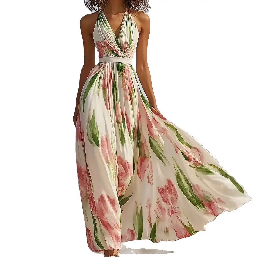 Elegant Bohamia Halter Dress Ruched Pleated V-Neck Beach Style Floral Printed Sleeveless Fairy Casual Summer Long Dress Sundress