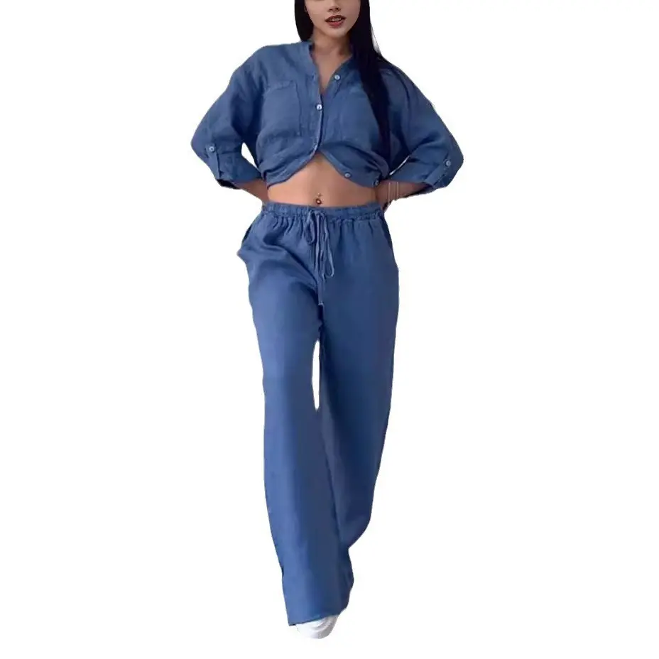Women Plus Size Two Pieces Set Drawstring Straight Elastic Waist and Long Sleeve Button Shirt Top Matching Set Linen Cotton Set