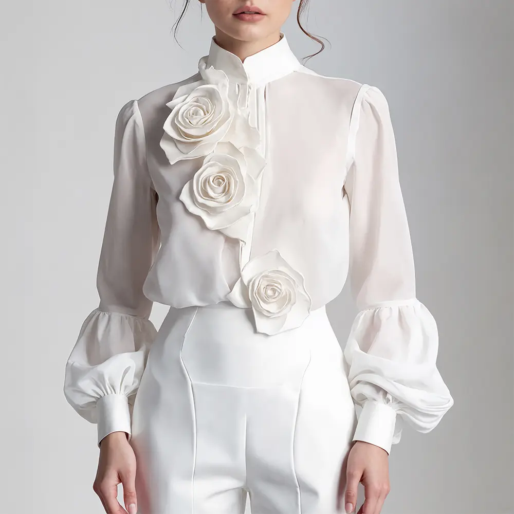 Elegant 3D Floral Decorate Blouse Stand Collar Sheer See Through Chic Sweet White Lantern Sleeve Blouse Shirt Autumn Tops 2025