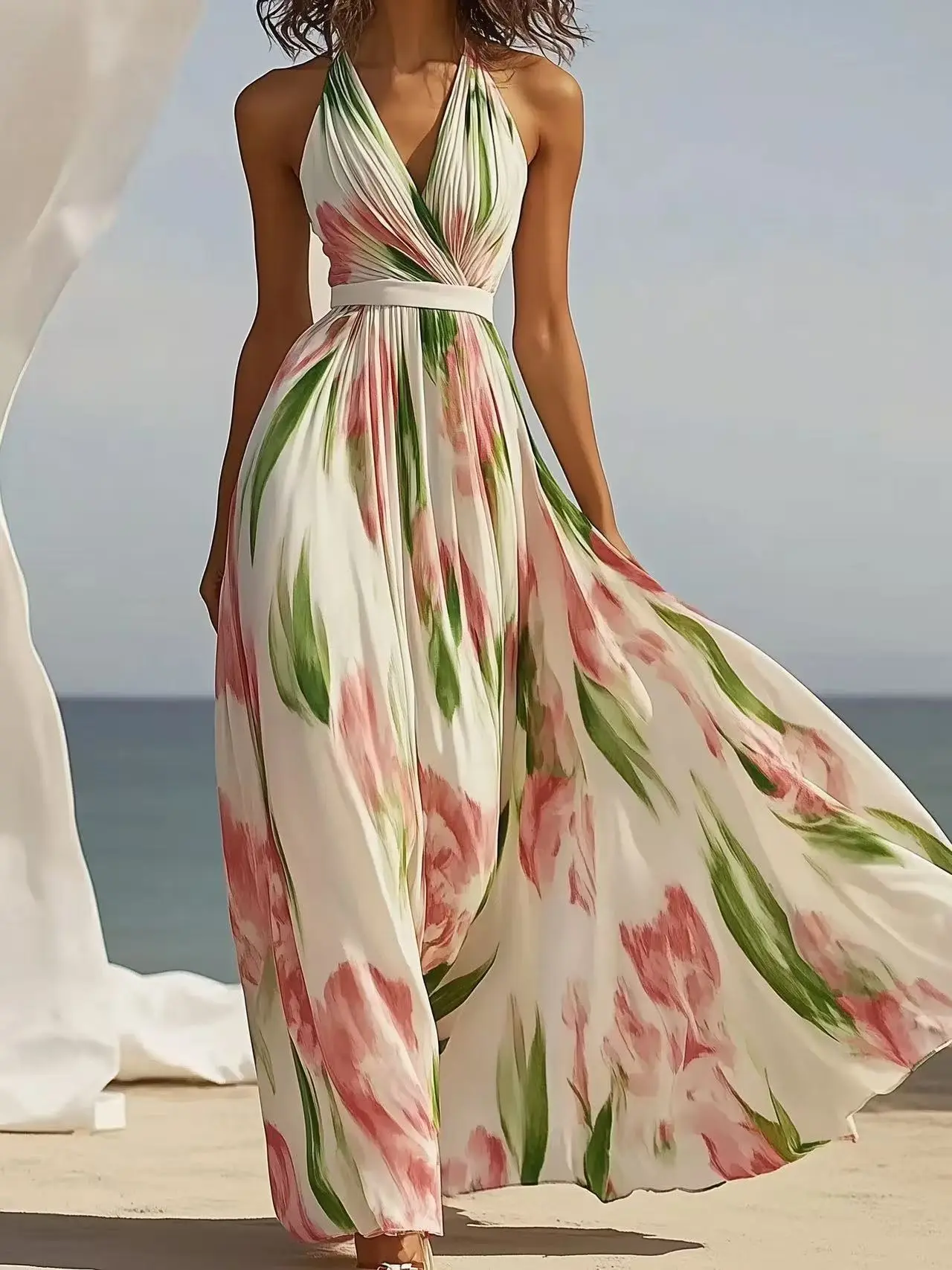 Elegant Bohamia Halter Dress Ruched Pleated V-Neck Beach Style Floral Printed Sleeveless Fairy Casual Summer Long Dress Sundress