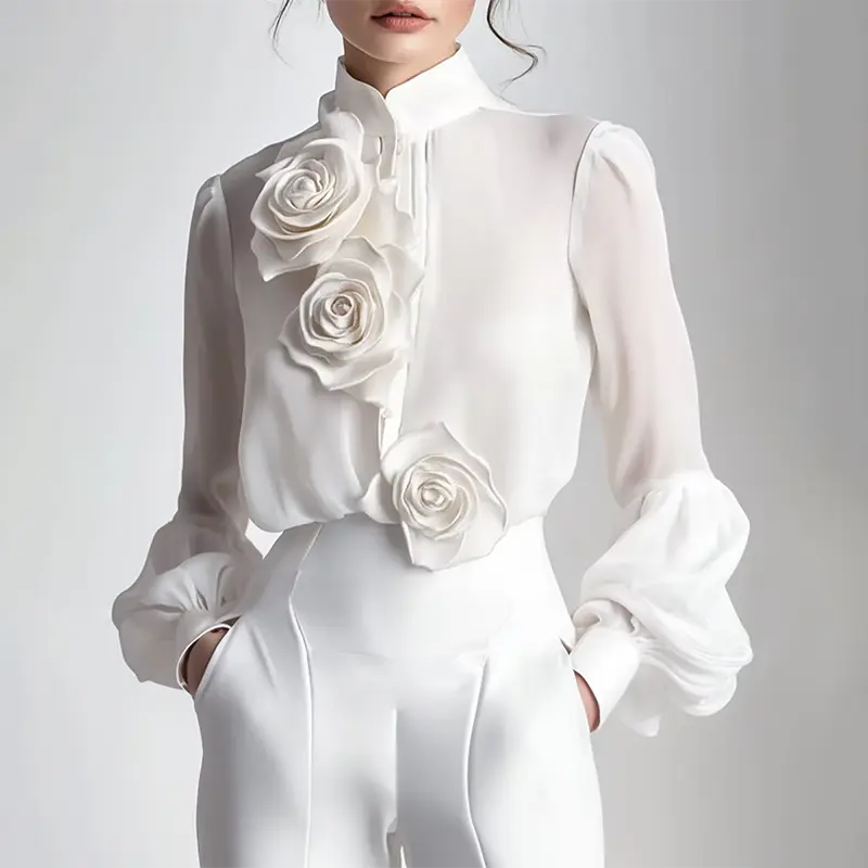 Elegant 3D Floral Decorate Blouse Stand Collar Sheer See Through Chic Sweet White Lantern Sleeve Blouse Shirt Autumn Tops 2025