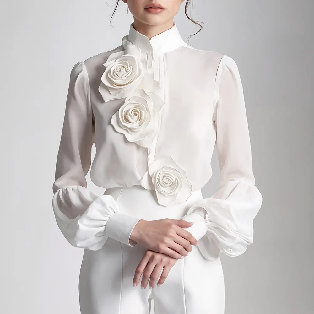 Elegant 3D Floral Decorate Blouse Stand Collar Sheer See Through Chic Sweet White Lantern Sleeve Blouse Shirt Autumn Tops 2025