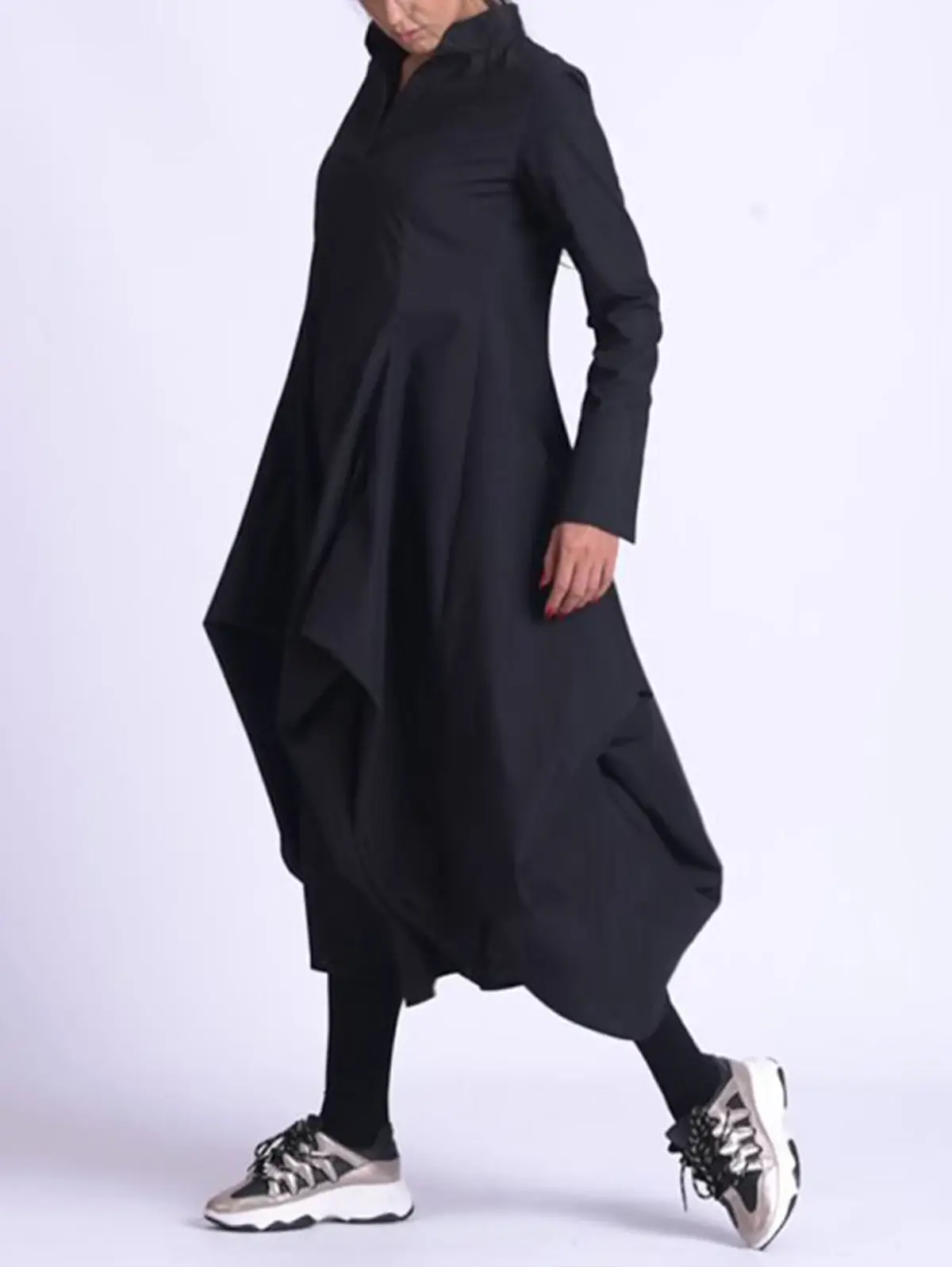 Women Mandarin Collar Dress Vintage Casual Solid Bud Long Dress Spring Long Sleeve Asymmetric A-Line Fashion Minimalist Dress