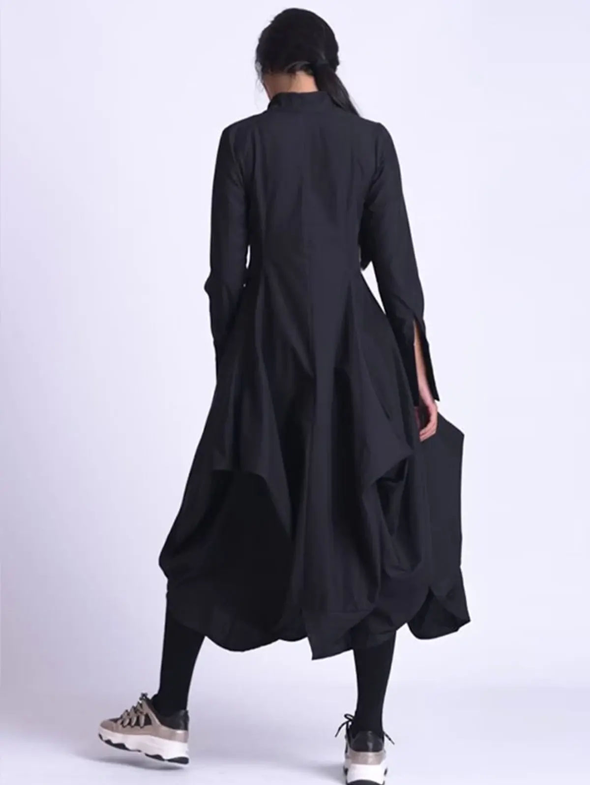 Women Mandarin Collar Dress Vintage Casual Solid Bud Long Dress Spring Long Sleeve Asymmetric A-Line Fashion Minimalist Dress