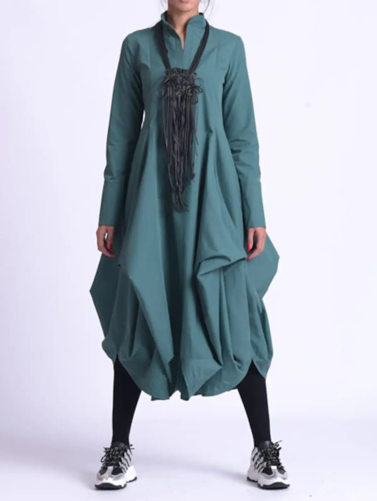 Women Mandarin Collar Dress Vintage Casual Solid Bud Long Dress Spring Long Sleeve Asymmetric A-Line Fashion Minimalist Dress