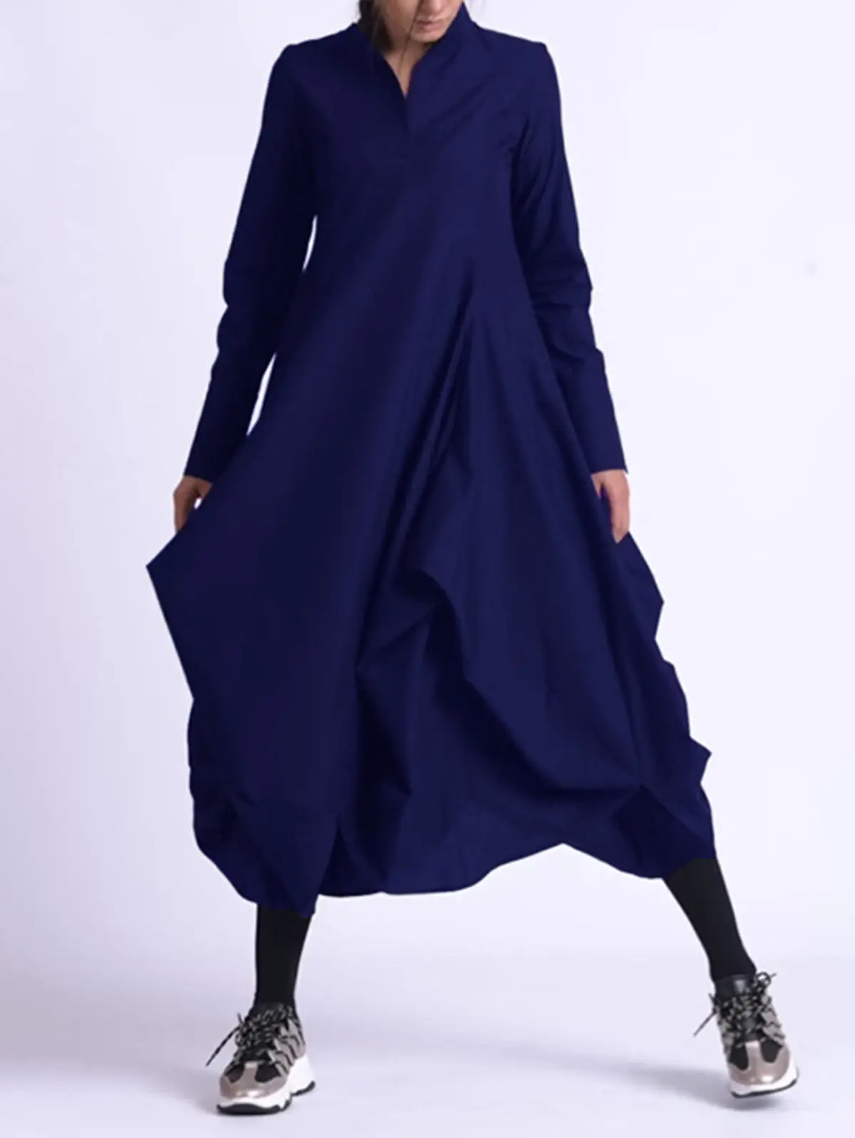 Women Mandarin Collar Dress Vintage Casual Solid Bud Long Dress Spring Long Sleeve Asymmetric A-Line Fashion Minimalist Dress