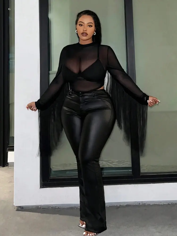 Sexy Tassel Plus Size T shirt for Women Mesh See Through Slim Round Neck Fringe Long Sleeve Tee Tops Clubwear High Street Tops