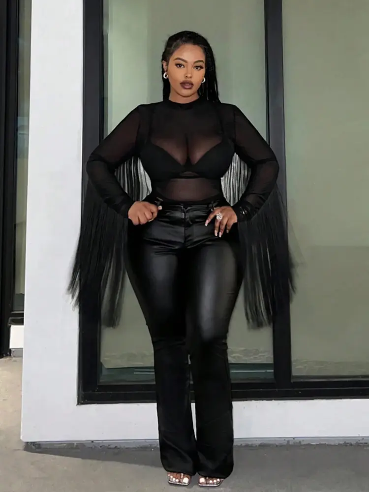 Sexy Tassel Plus Size T shirt for Women Mesh See Through Slim Round Neck Fringe Long Sleeve Tee Tops Clubwear High Street Tops