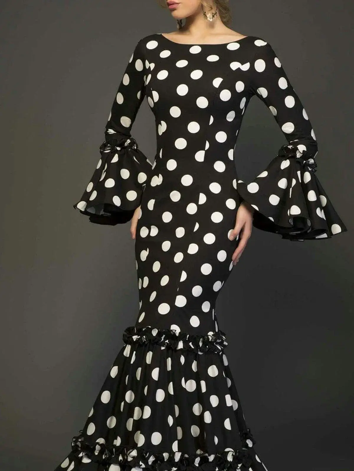 Polk Dot Print Long Dress for Women Flare Sleeve Ruffle Elegant Trumpet Dress Slim Round Neck Vintage Autumn Female Dresses 2024