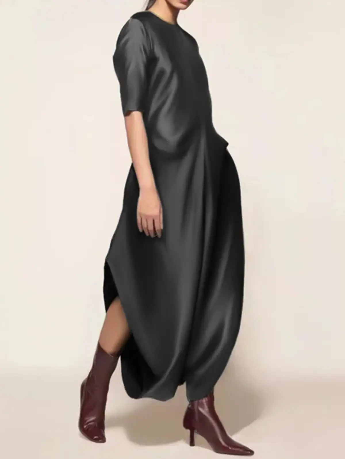 Women's Satin Jumpsuit Elegant Crew Neck Half Sleeve Loose Elegant Vintage Casual Fashion Shiny Silk Jumpsuit Rompers for Female