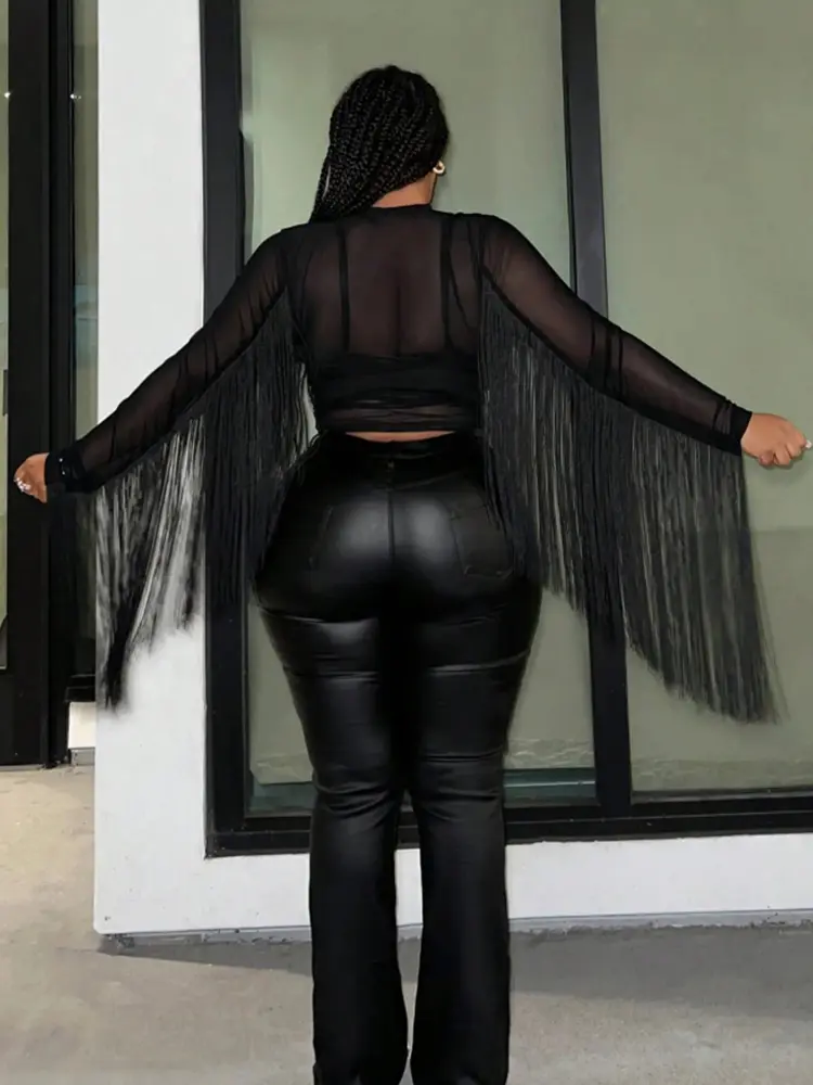 Sexy Tassel Plus Size T shirt for Women Mesh See Through Slim Round Neck Fringe Long Sleeve Tee Tops Clubwear High Street Tops