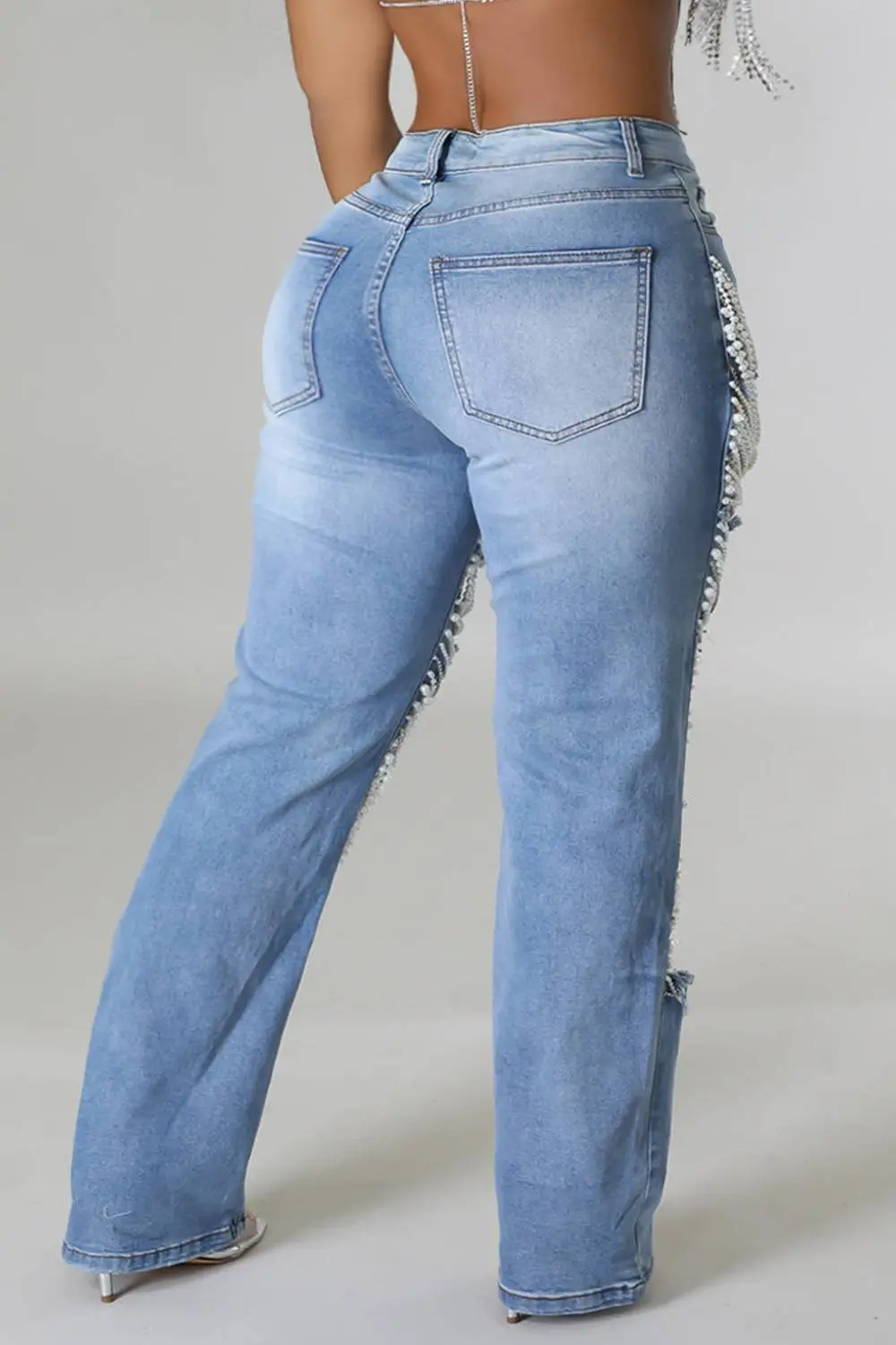 Hollow Out Pearl Jeans Plus Size Sexy Wide Leg Denim Pant Trousers High Quality Pockets Casual Streetwear Jeans for Women 2025