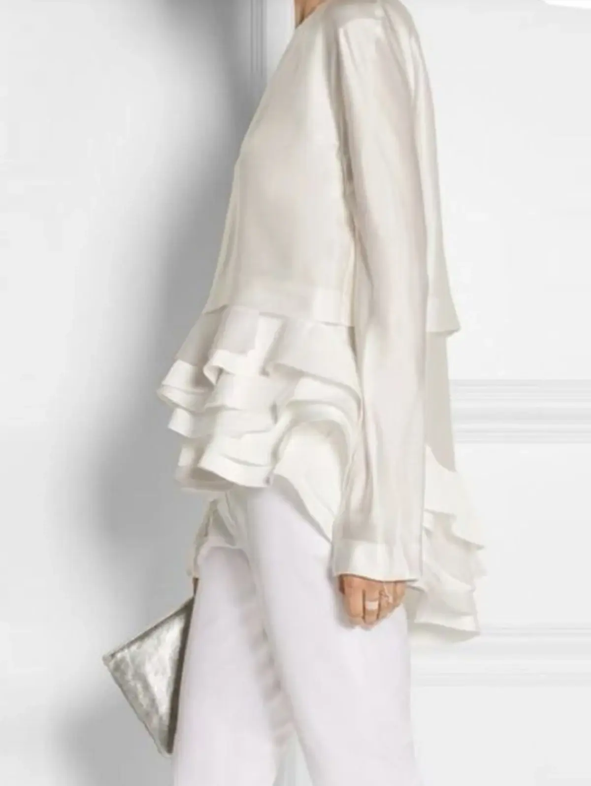 Women Elegant Satin Blouse Ruffle Hem Roun Neck Flare Sleeve Ethnic Casual Irregular Casual Plus Size Shirts Top for Women 2025