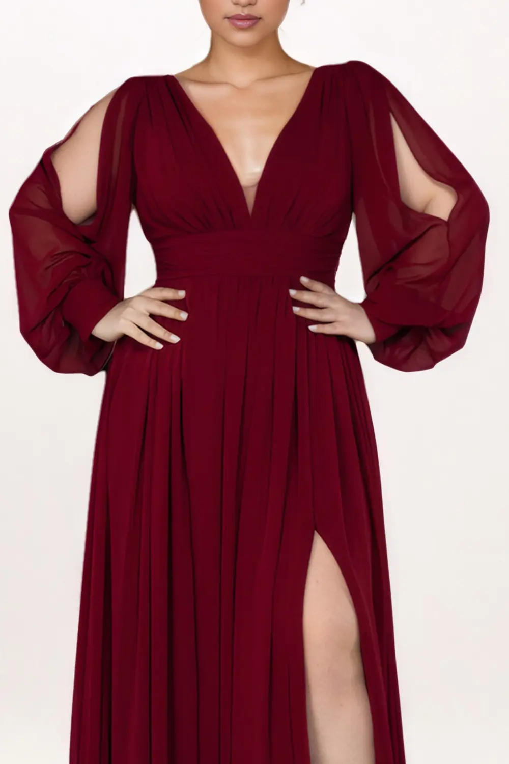 Plus Size Evening Dress for Women Hollow Out Long Sleeve Sexy V-Neck Split Hem Solid Casual Chiffon Wedding Guest Long Dress
