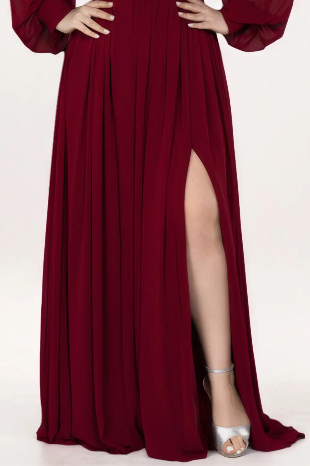 Plus Size Evening Dress for Women Hollow Out Long Sleeve Sexy V-Neck Split Hem Solid Casual Chiffon Wedding Guest Long Dress