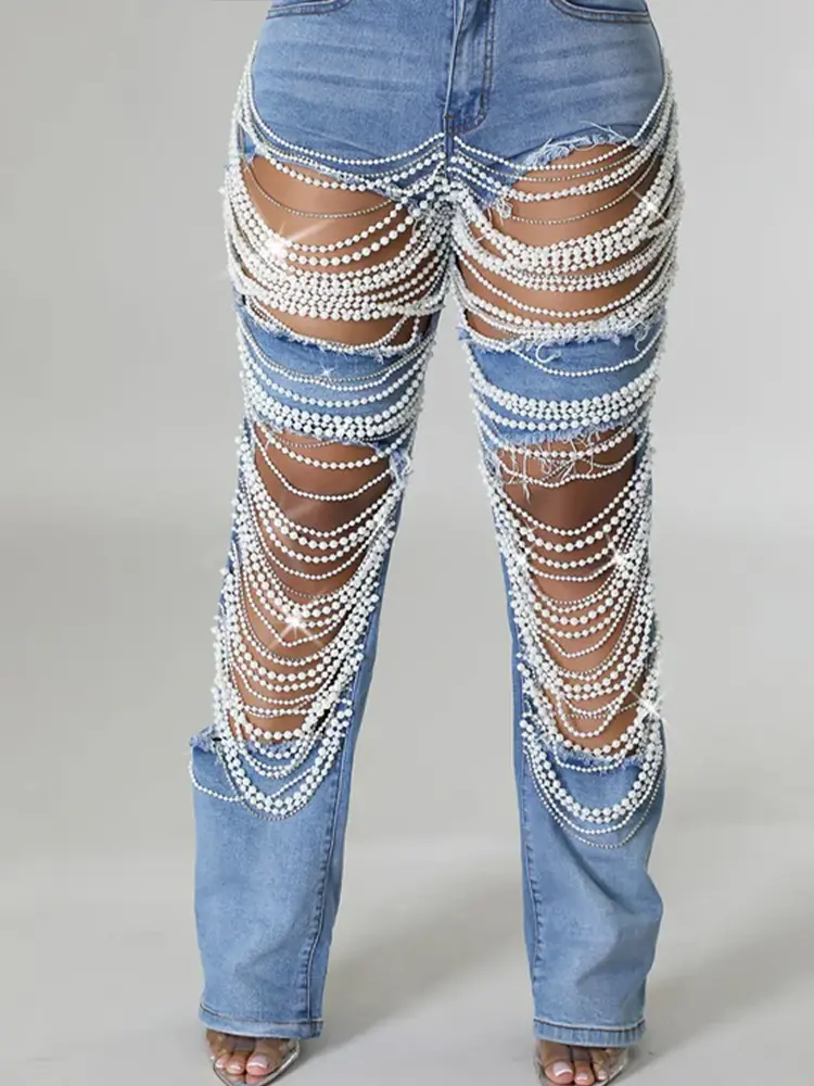 Hollow Out Pearl Jeans Plus Size Sexy Wide Leg Denim Pant Trousers High Quality Pockets Casual Streetwear Jeans for Women 2025