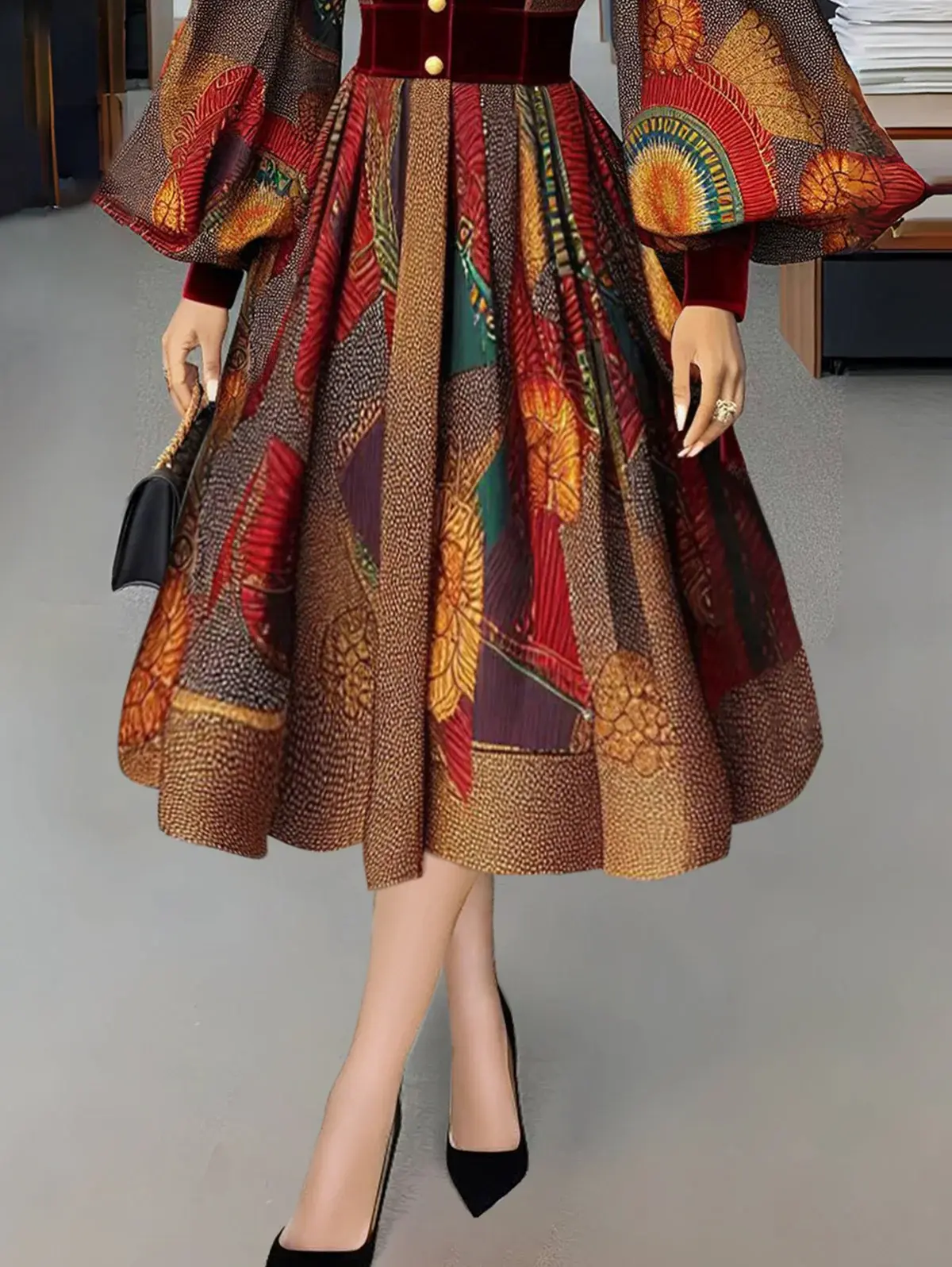 Women Ethnic Printed Pleated A-Line Dress Party Club Evening Elegant Velvet Patchwork Puff Sleeve High Waist Button Casual Dress