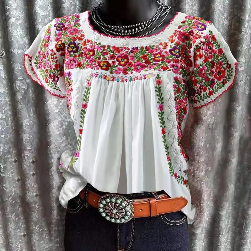 Women Ethnic Floral Printed T shirt Short Sleeve Retro Casual Summer Tee Tops Crew Neck Fashion American Retro Tops 2025