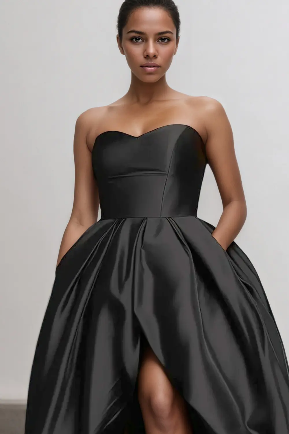 Women Strapless Elegant Plus Size Dress Formal Black Split Satin High Low Maxi Dresses Party Wedding Guest Cocktail Formal Dress