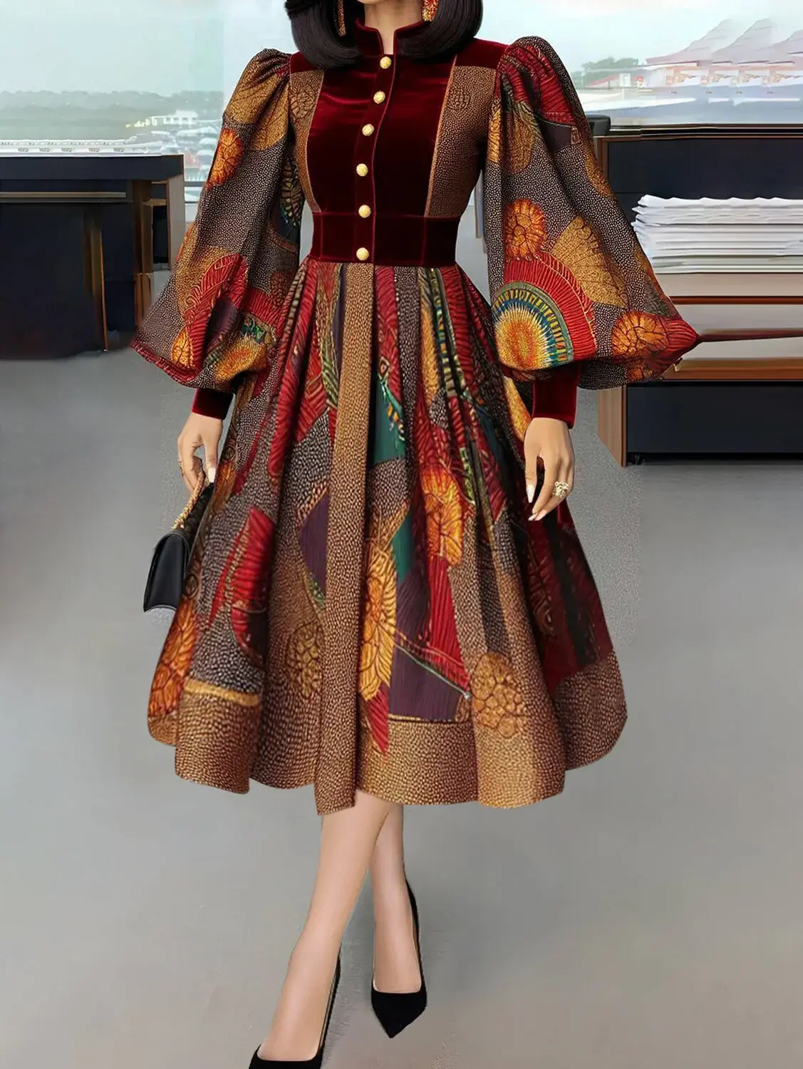 Women Ethnic Printed Pleated A-Line Dress Party Club Evening Elegant Velvet Patchwork Puff Sleeve High Waist Button Casual Dress