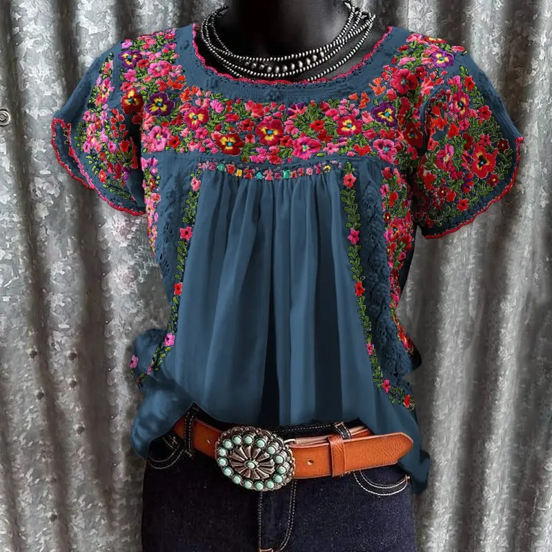 Women Ethnic Floral Printed T shirt Short Sleeve Retro Casual Summer Tee Tops Crew Neck Fashion American Retro Tops 2025