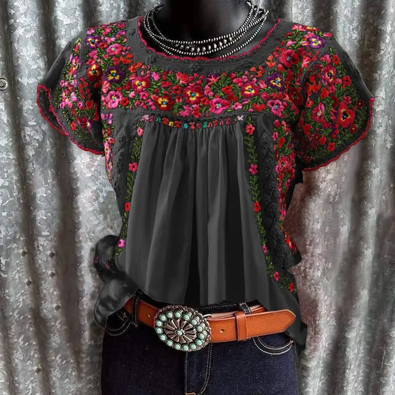 Women Ethnic Floral Printed T shirt Short Sleeve Retro Casual Summer Tee Tops Crew Neck Fashion American Retro Tops 2025