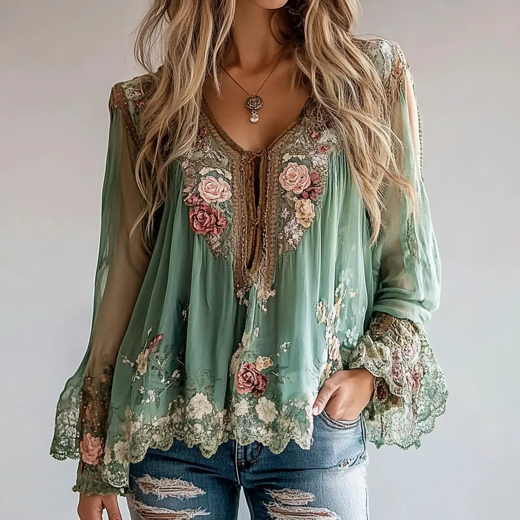 Women Retro Chiffon Blouse Sheer V-Neck Lace-up Chic Ethnic Floral Printed Elegant Lace Hem Casual Vintage Shirts Autumn 2025