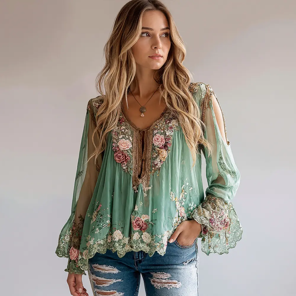 Women Retro Chiffon Blouse Sheer V-Neck Lace-up Chic Ethnic Floral Printed Elegant Lace Hem Casual Vintage Shirts Autumn 2025