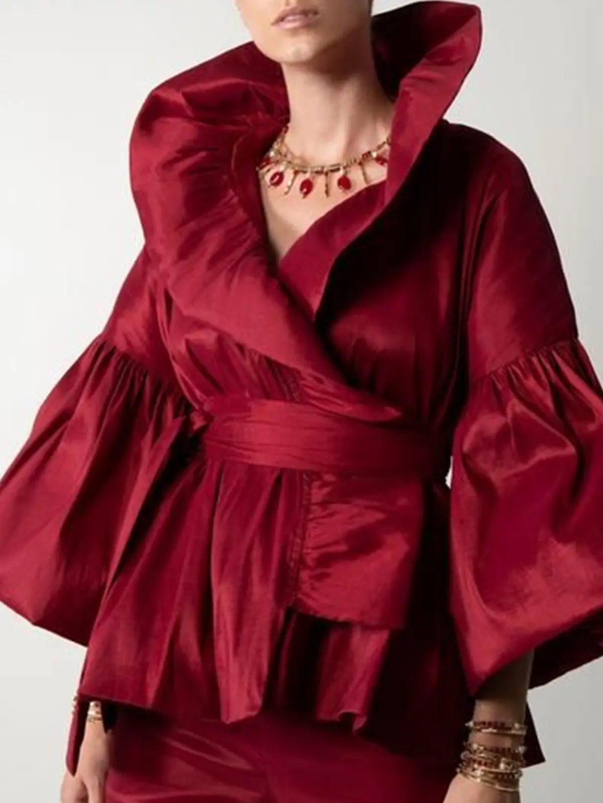Women Vintage Court Style Blouse Satin Petal Sleeve Stand Collar Bud Shape American Retro Shirt Blouse Autumn Tops