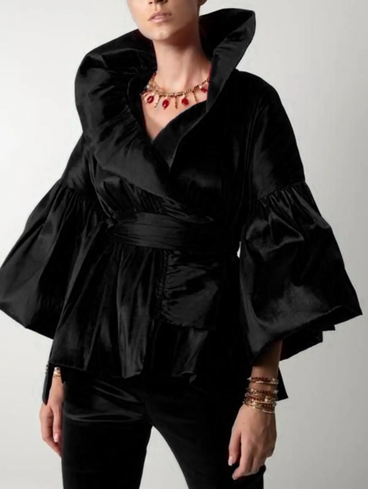 Women Vintage Court Style Blouse Satin Petal Sleeve Stand Collar Bud Shape American Retro Shirt Blouse Autumn Tops