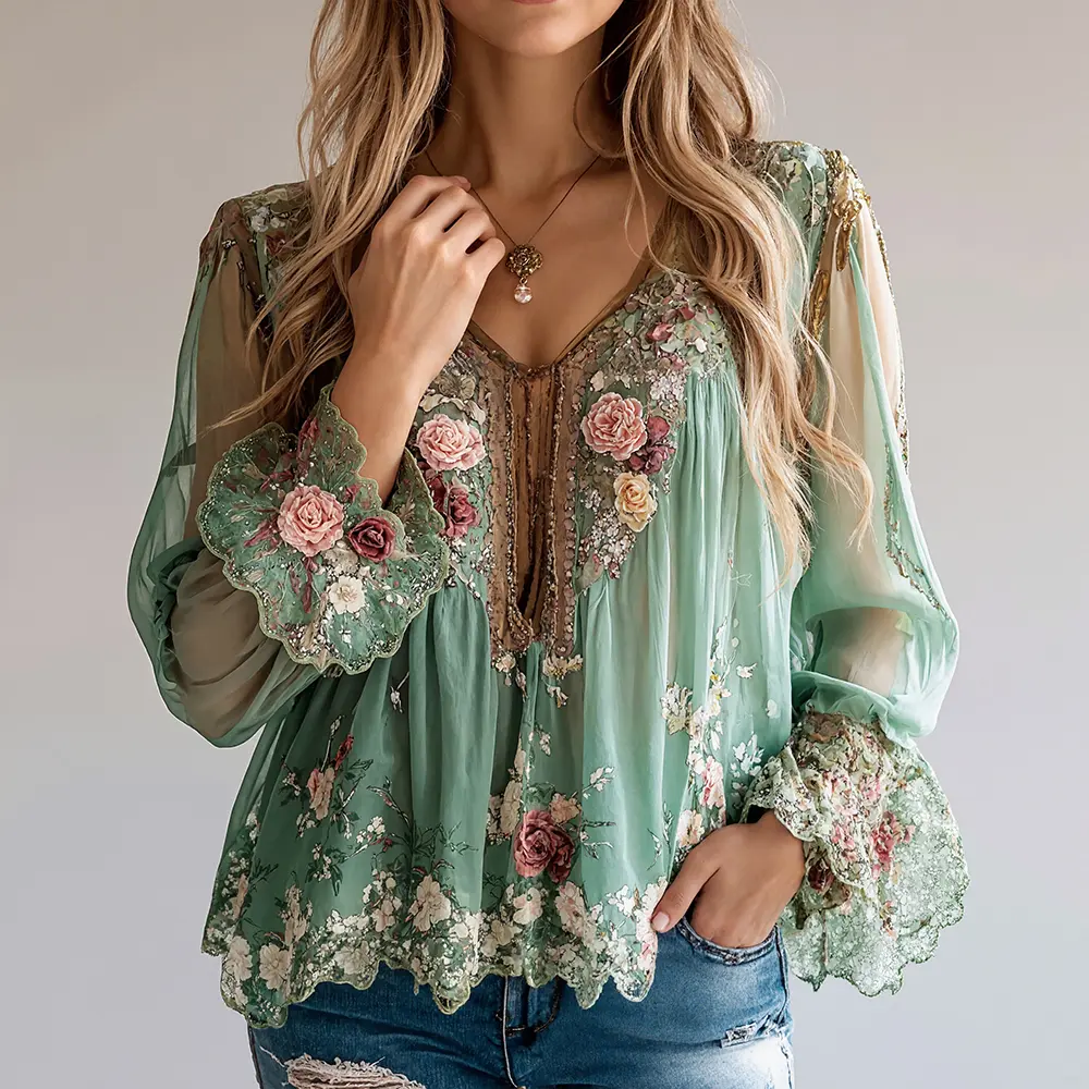 Women Retro Chiffon Blouse Sheer V-Neck Lace-up Chic Ethnic Floral Printed Elegant Lace Hem Casual Vintage Shirts Autumn 2025