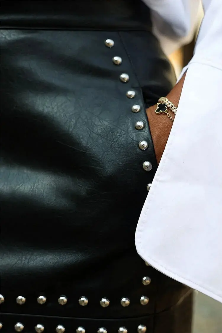 Fashion Women Plus Size Skirt Faux Leather Studded Split High Waist Slim Streetwear Casual Beade