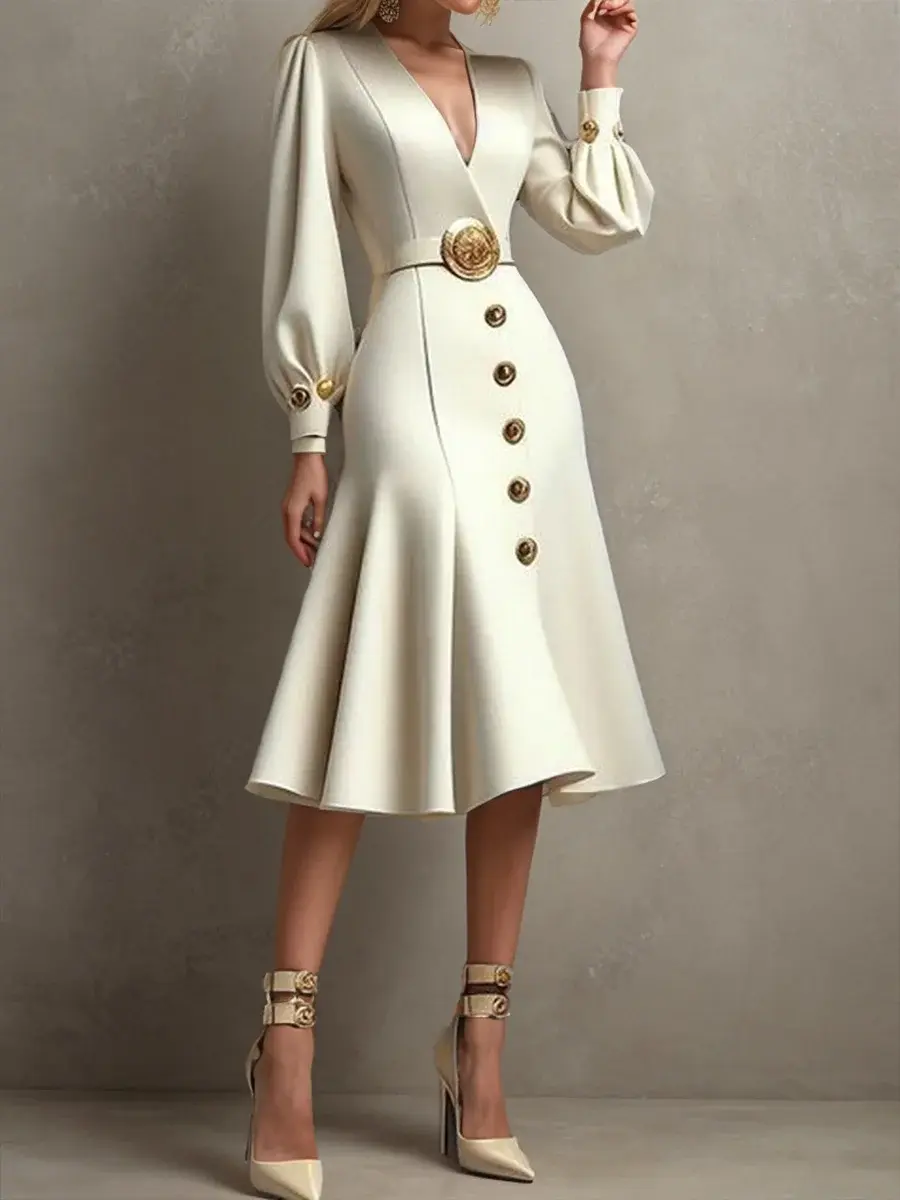 Elegant Women Mermaid Dress Puff Sleeve Sexy V-Neck Satin Button Pleated A-Line Midi Dress Long Sleeve Autumn Evening Dress 2025