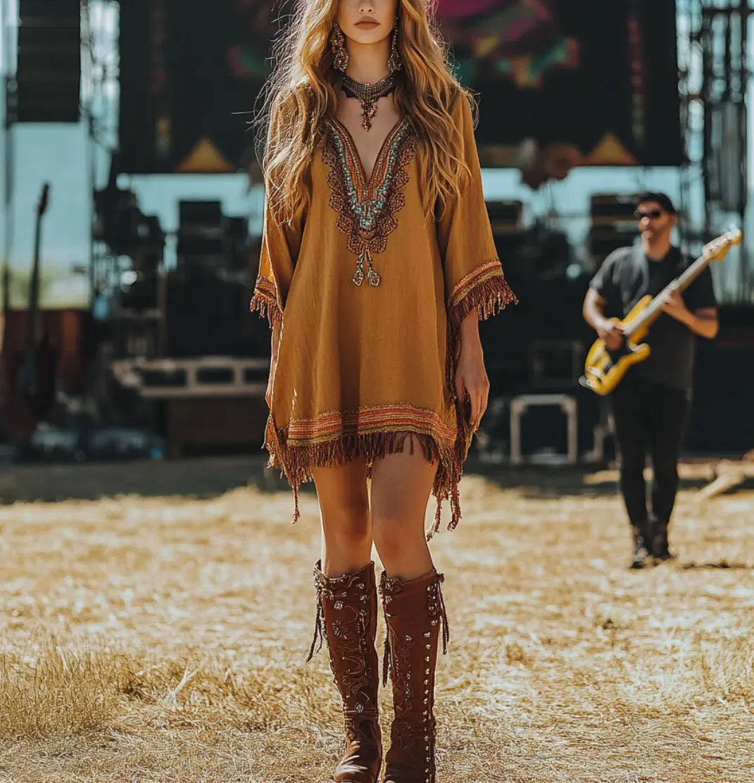 Women's Ethnic Tassel Mini Dress V-Neck Half Sleeve Vintage Cowboy Western Chic Retro Loose Mori Girl Dresses 2025